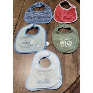 Various Baby Bibs. 5 Total. 1 Carter, 2 chick pee, 1 little me, 1 unbranded.